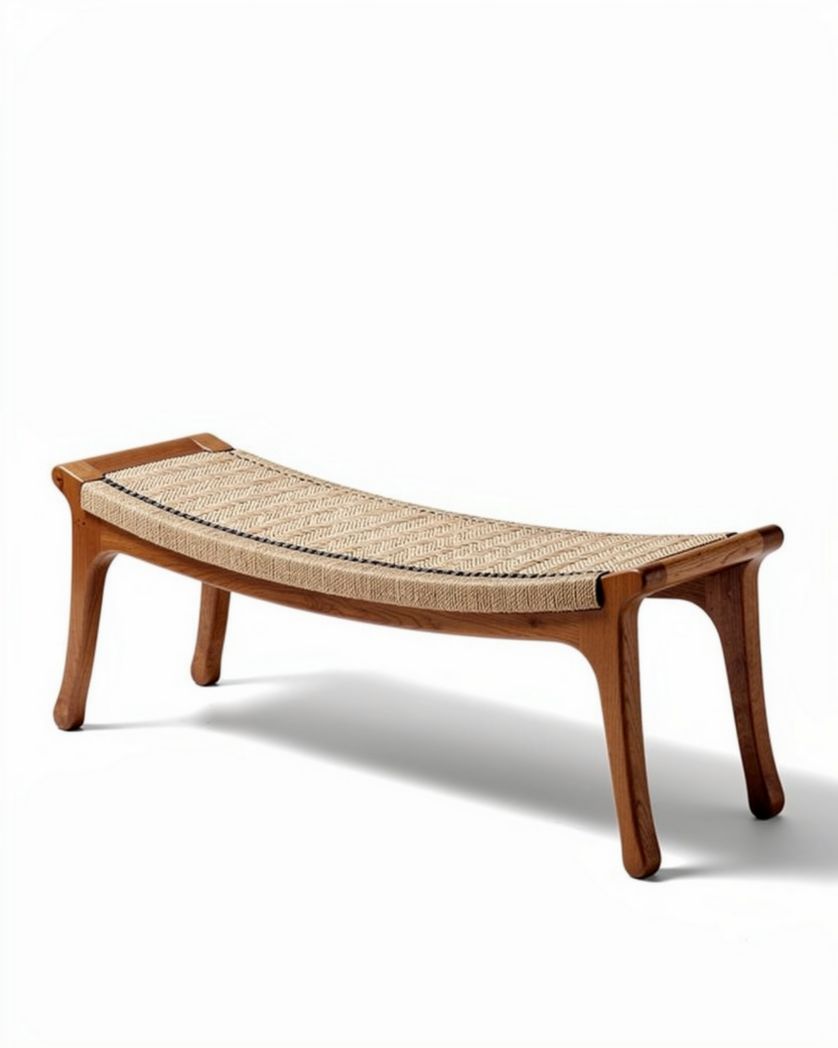 Banc en bois naturel avec assise en osier tressé 100 x 40 x 30 cm