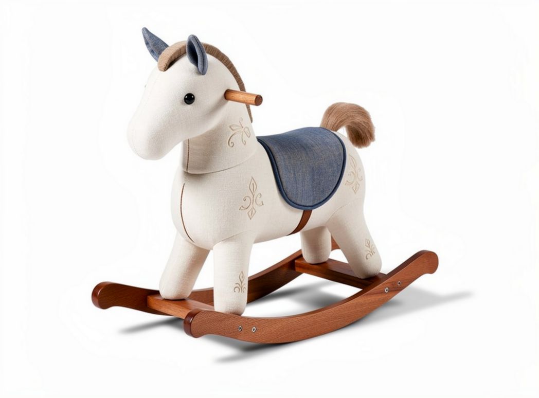 Cheval à bascule en tissu beige et bleu avec base en bois 80 x 30 x 70cm