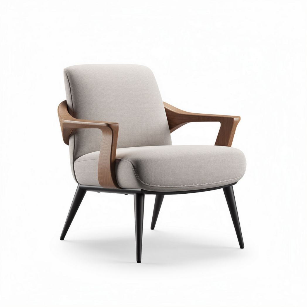 Fauteuil en tissu beige avec bras en bois et structure noire 80 x 80 x 85cm