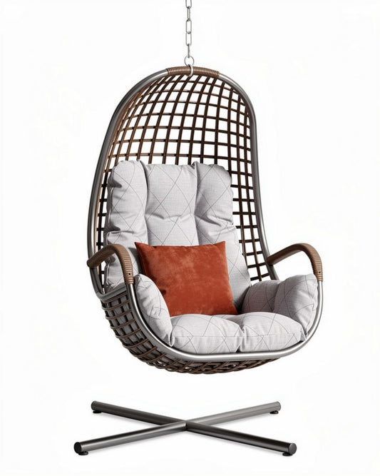 Chaise suspendue en rotin et métal avec coussins gris et marron 100 x 80 x 120cm